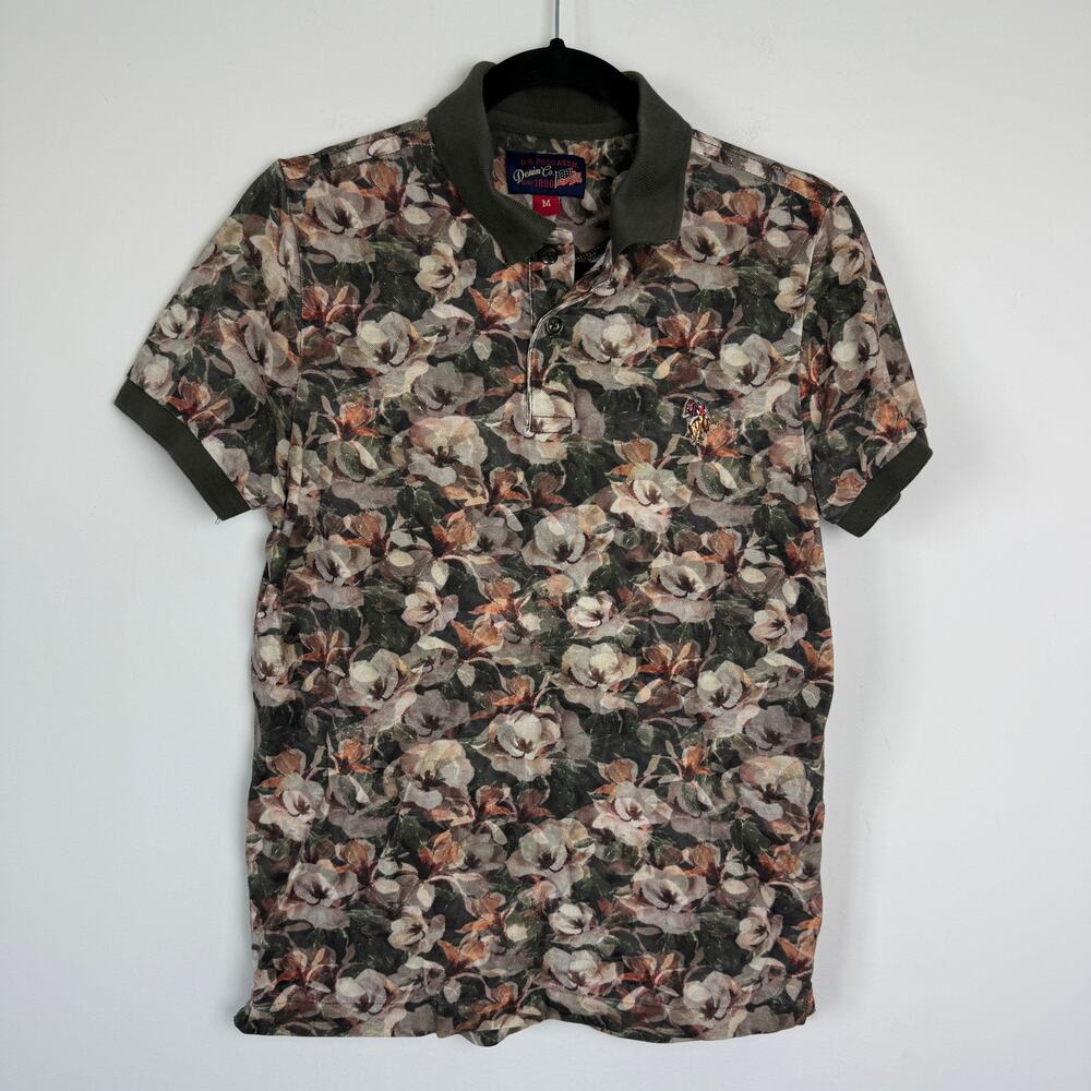 U.S. POLO ASSN. Men's Floral Print Polo Neck Pure Cotton Green Shirt Medium